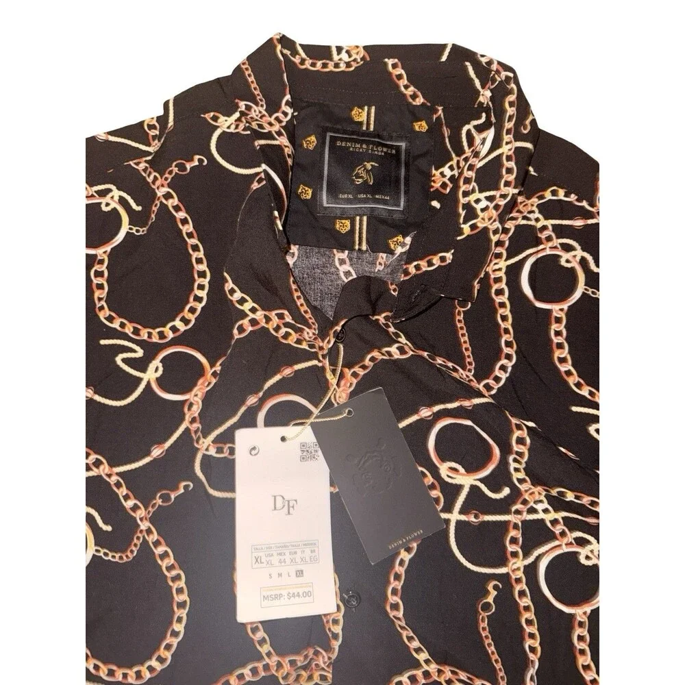 Denim & Flower Ricky Singh Button Up Shirt Chain Print Black XL New